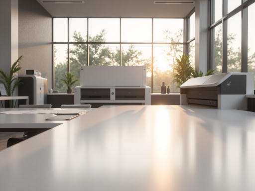 Professional office interior with desk setup, computer screens, business documents, clean workspace environment, natural lighting